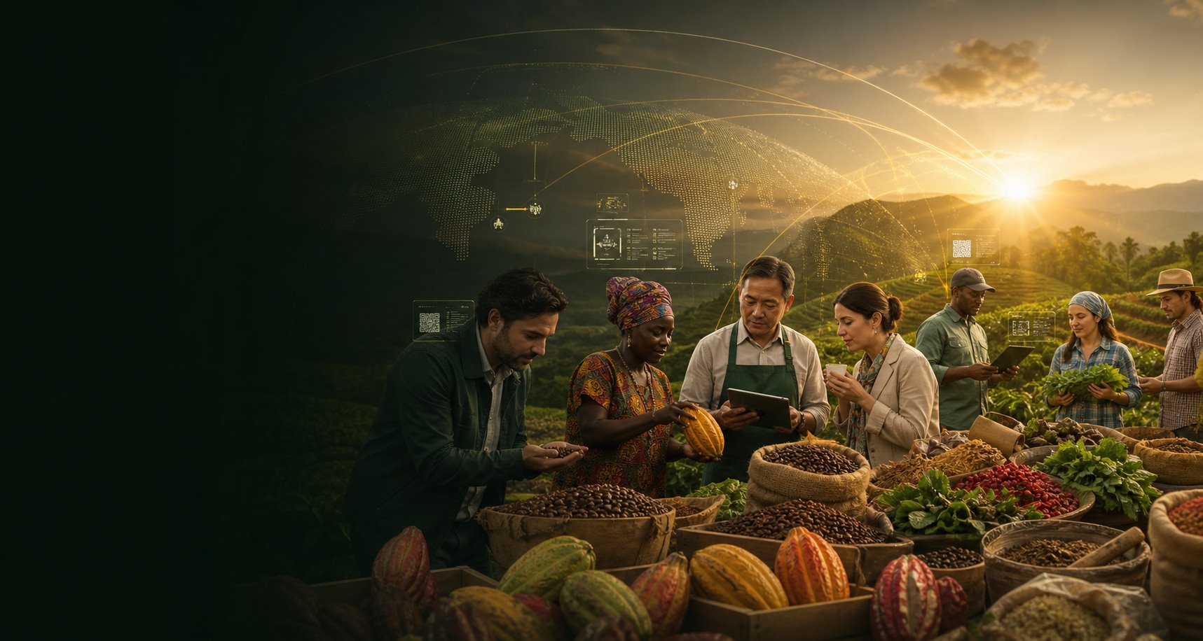 AgroHub illustration of crop trading and farmers reviewing produce; not a specific Nigerian market.